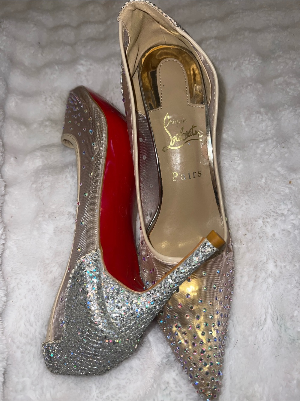 Christian Louboutin Nude Mesh Crystal-Studded Pointed Pumps with Red Soles